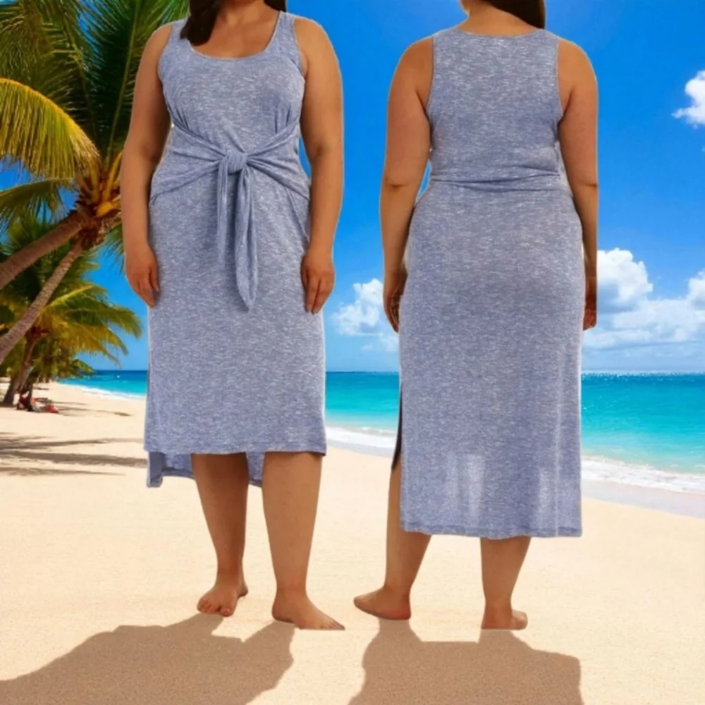 LA BLANCA PLUS SIZE Indigo Color Beach Tie Front Cover-Up dress.